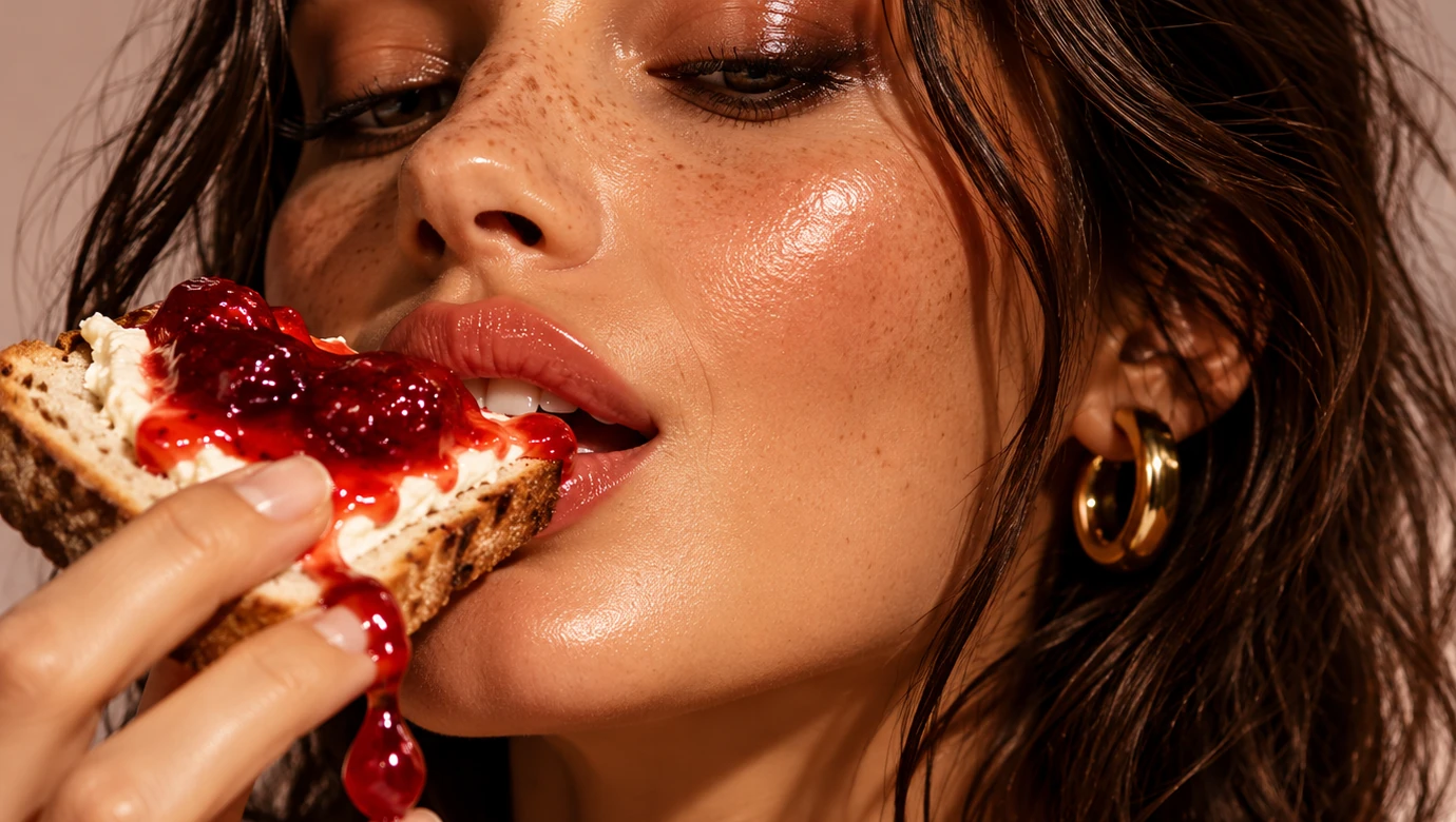 Black woman enjoying glossy berry fruit spread on toast