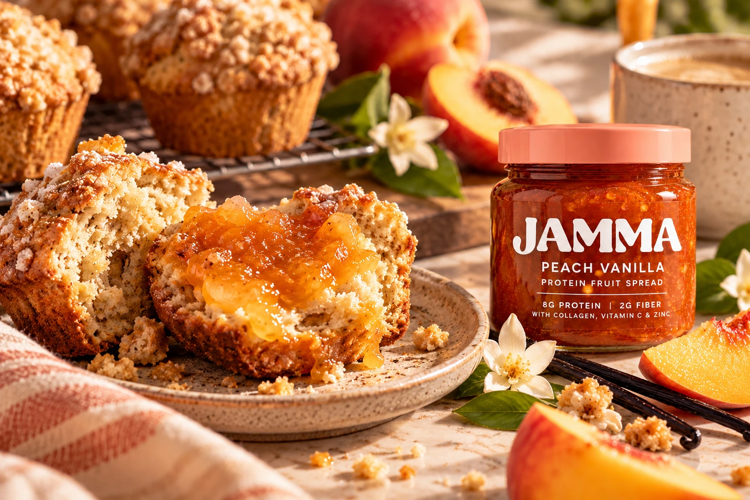 Peach Vanilla JAMMA beside a split muffin generously dressed with peach fruit spread, vanilla beans and fresh peaches