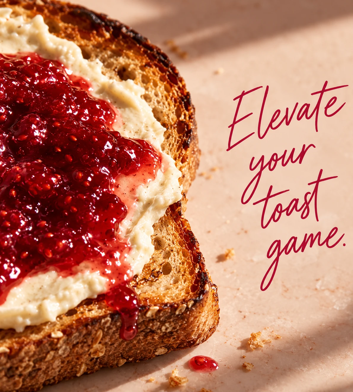 Full editorial photograph of toasted sourdough with JAMMA fruit spread and the complete handwritten headline Elevate Your Toast Game